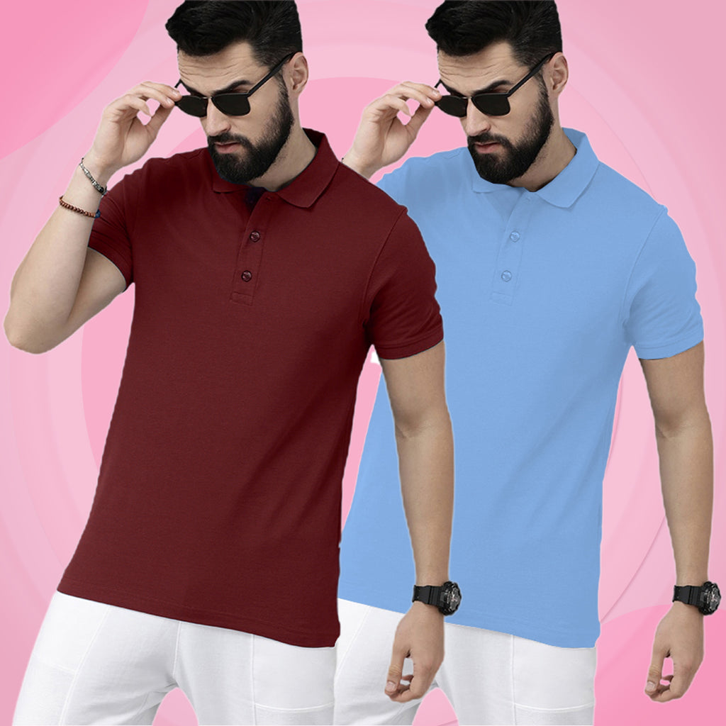 Newly Premium Polo Combo ( Pack Of 2 ) Tshirt By LazyChunks | Maroon Mist Blue