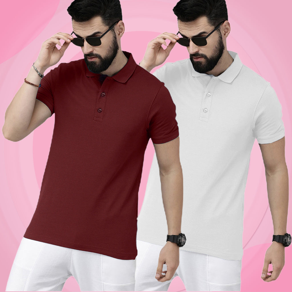 Newly Premium Polo Combo ( Pack Of 2 ) Tshirt By LazyChunks | Maroon White