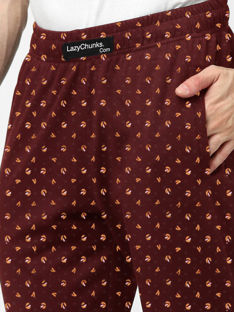 Lazychunks Men's Maroon Printed Super Combed Cotton Blend Casual Style Lower With Dual Side Pockets No Marks Waistband.