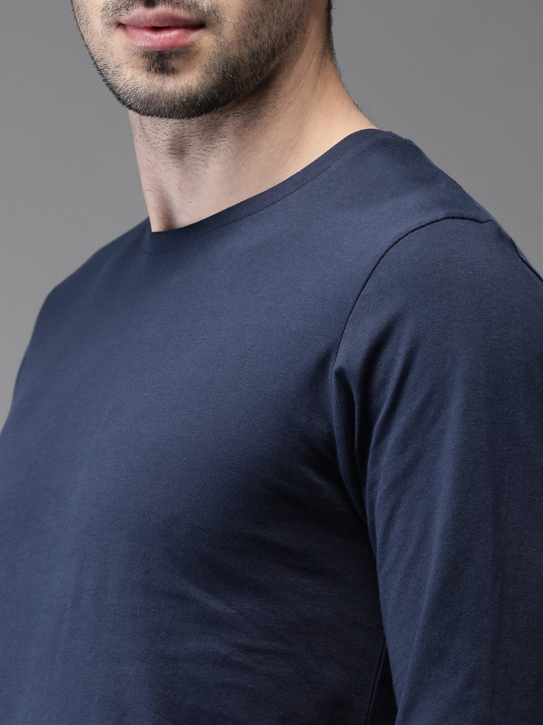 Navy Blue Round Neck Plain Full Sleeves Cotton T-shirt by LazyChunks - Lazychunks.com