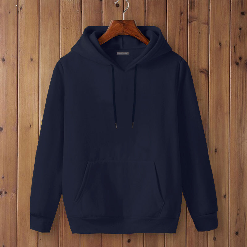 Full Sleeve Navy Blue Cotton Kangaroo Hoodie for Men by LAZYCHUNKS