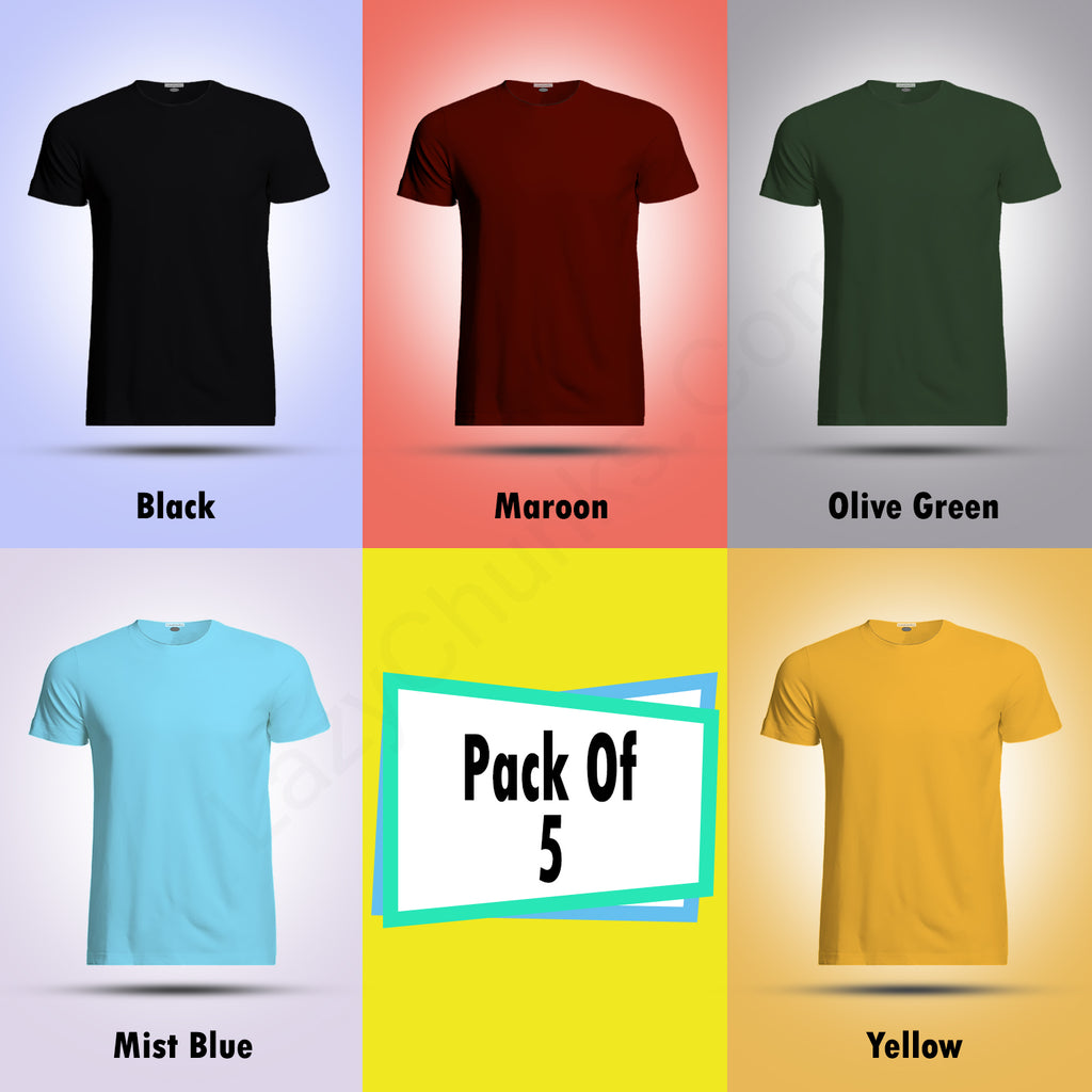 Round Neck Half Sleeve Plain T Shirt Combo (Pack Of 5) By LAZYCHUNKS (All Color)