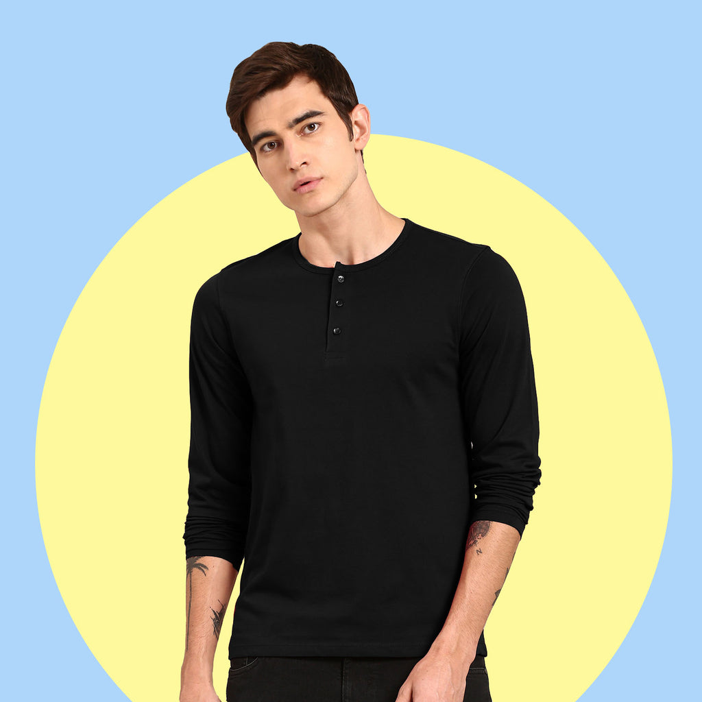Regular Fit Men's Solid Black Henley Neck Full Sleeve Plain Tshirt By LazyChunks