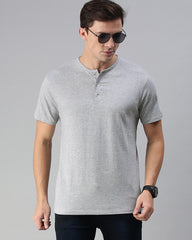 Melange Grey Henley Half Sleeves T Shirt By LazyChunks