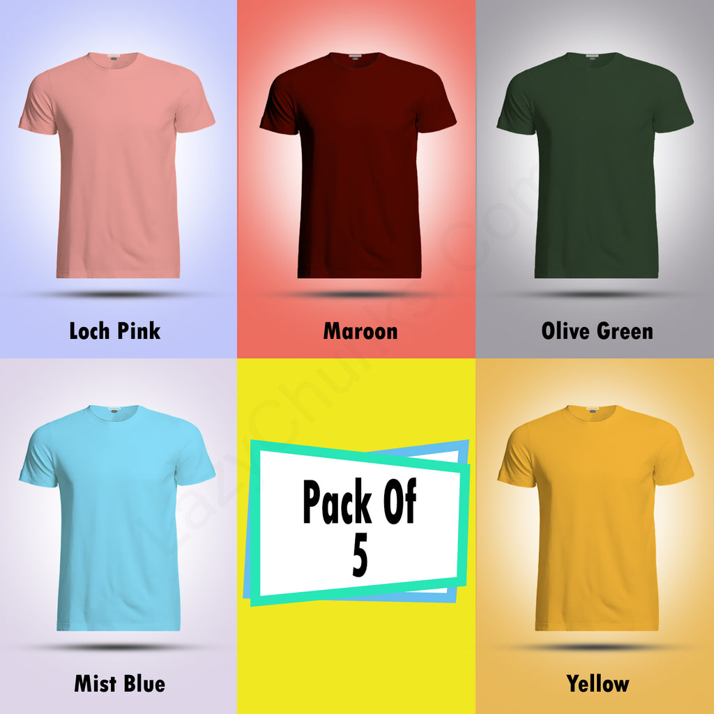 Round Neck Half Sleeve Plain T Shirt Combo (Pack Of 5) By LAZYCHUNKS (All Color)
