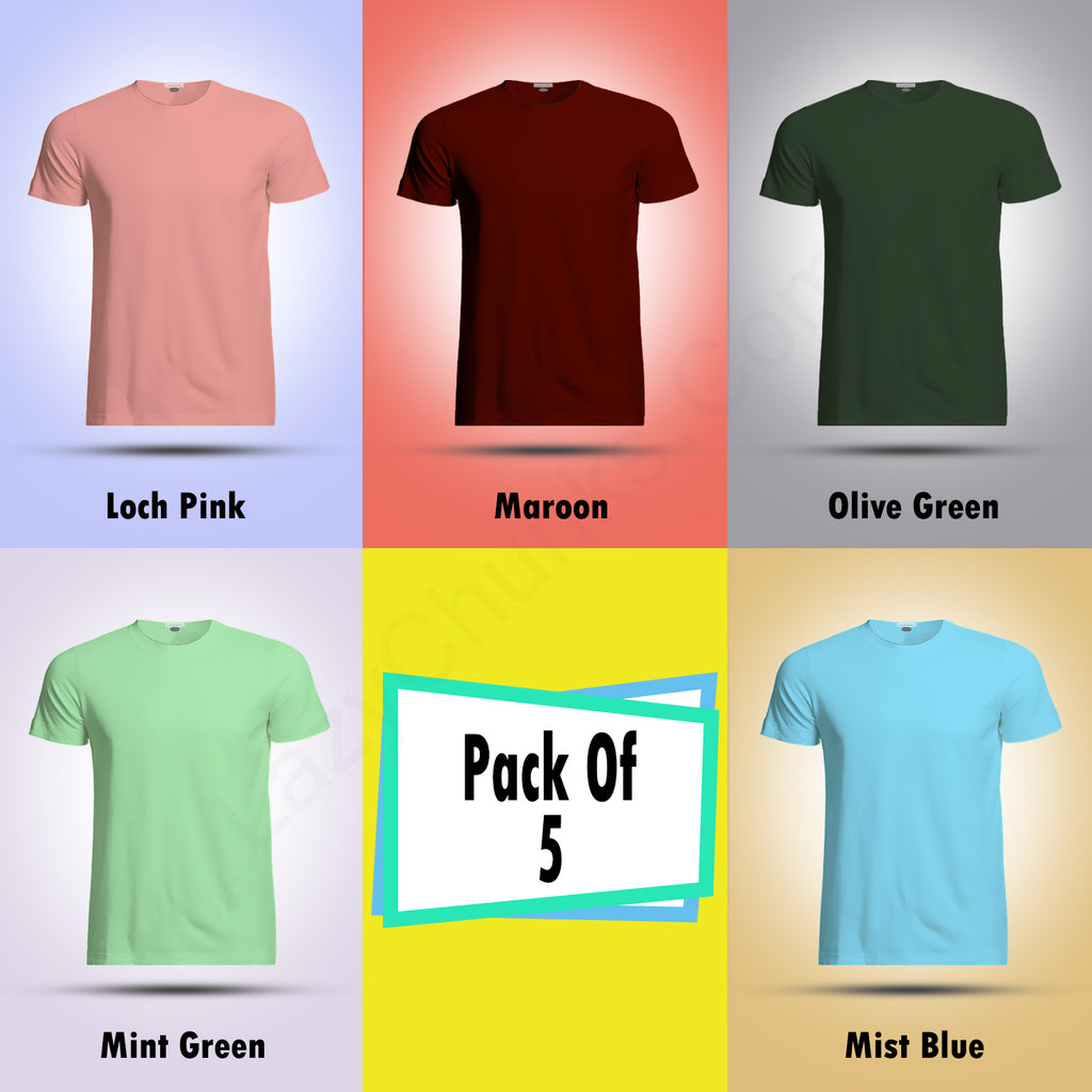 Round Neck Half Sleeve Plain T Shirt Combo (Pack Of 5) By LAZYCHUNKS (All Color)