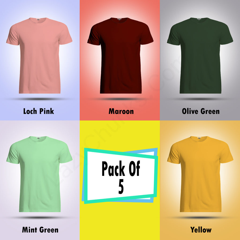 Round Neck Half Sleeve Plain T Shirt Combo (Pack Of 5) By LAZYCHUNKS (All Color)