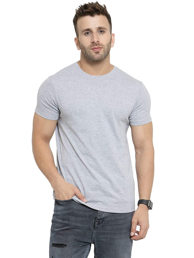 Regular Fit Men's Melange Grey Half Sleeves Round Neck Cotton Plain Tshirt By LazyChunks