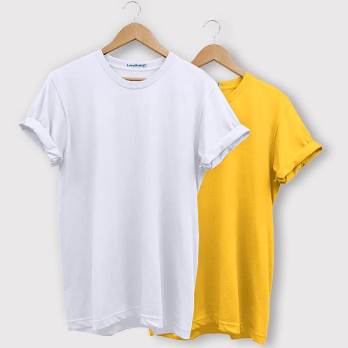 White and Yellow Half Sleeves Round Neck T Shirt Combo (Pack Of 2) By LazyChunks - Lazychunks.com