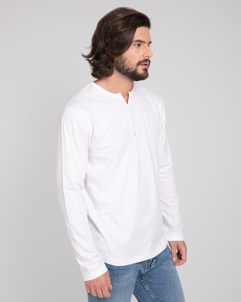Men's Cotton Full Sleeve WHITE Henley T-Shirt by LazyChunks–