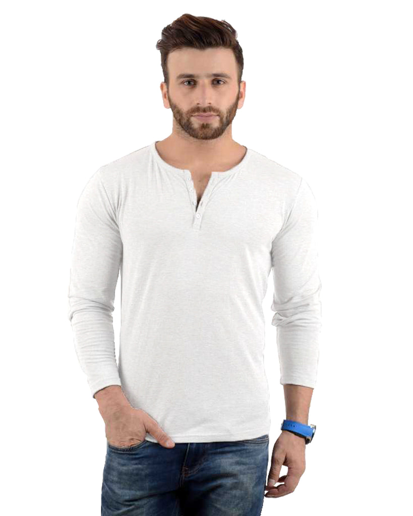 Men's Regular Fit Henley Neck full Sleeve Solid White Cotton Tshirt By LazyChunks