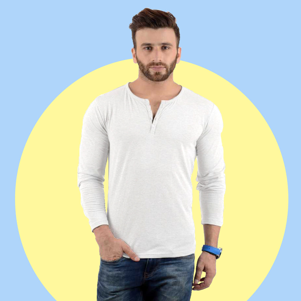 Men's Regular Fit Henley Neck full Sleeve Solid White Cotton Tshirt By LazyChunks