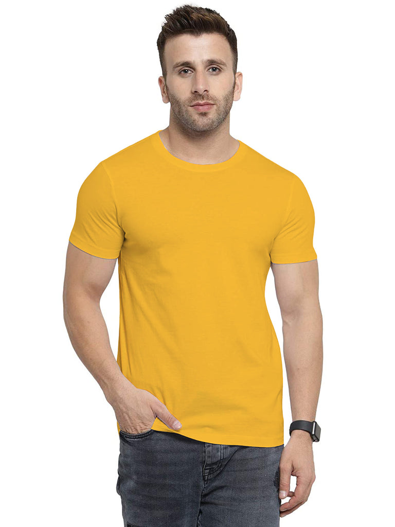 Solid Yellow Round Neck Half Sleeve Cotton Tshirt For Men By LazyChunks