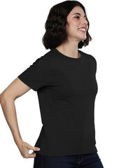 Lazychunks Women Black Round Neck Half Sleeve Solid Tshirts.