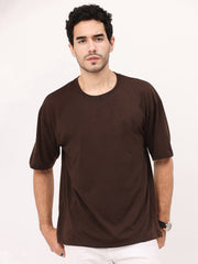 Lazychunks Brown Oversize Solid Tshirt For Men.
