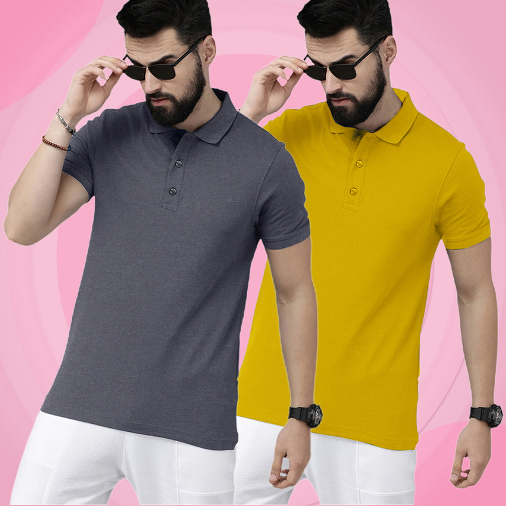 Newly Premium Polo Combo ( Pack Of 2 ) Tshirt By LazyChunks | Charcoal Grey Yellow
