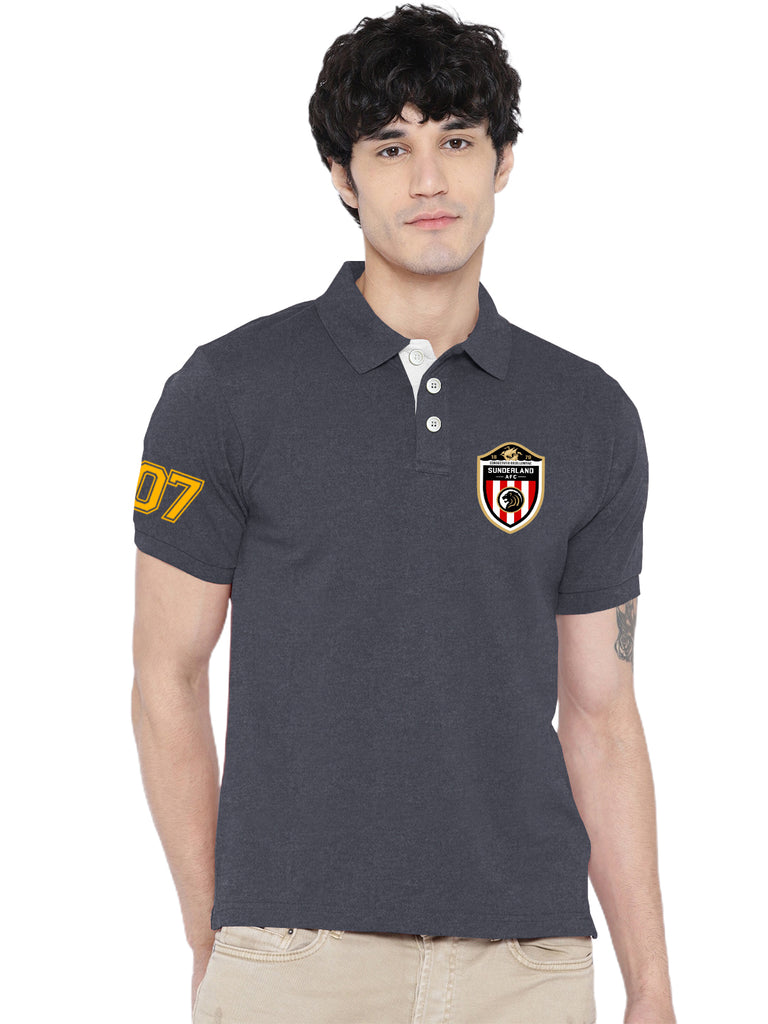 Lazychunks Printed Charcoal Grey Polo Tshirt For Men