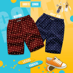 Men's Classic Printed Regular Fit Boxer Premium Shorts Combo (Pack Of 2 ) | Maroon Navy Blue | By LazyChunks