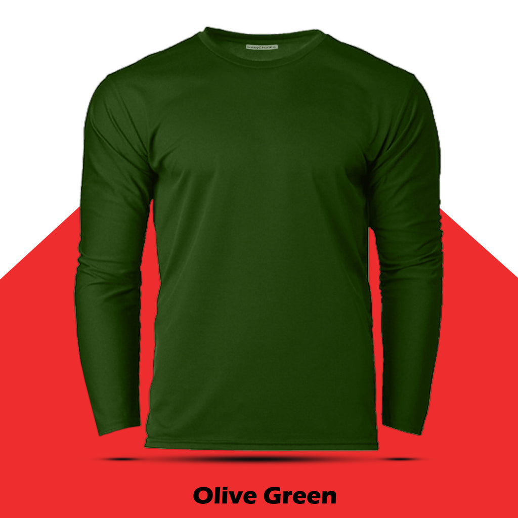 Olive Green Round Neck Plain Full Sleeve T shirt by LazyChunks