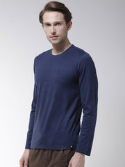 Navy Blue Plain Full Sleeves cotton t shirt by LazyChunks