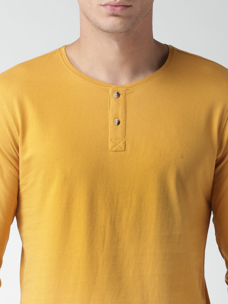 Men's Cotton Full Sleeve Yellow Henley Neck Plain Tshirt by LAZYCHUNKS