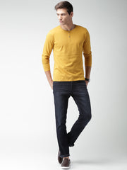 Men's Cotton Full Sleeve Yellow Henley Neck Plain Tshirt by LAZYCHUNKS