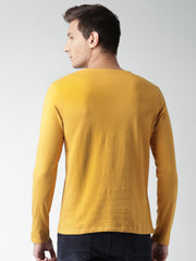 Men's Cotton Full Sleeve Yellow Henley Neck Plain Tshirt by LAZYCHUNKS