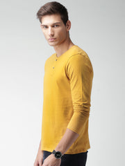 Men's Cotton Full Sleeve Yellow Henley Neck Plain Tshirt by LAZYCHUNKS