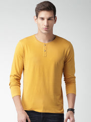 Men's Cotton Full Sleeve Yellow Henley Neck Plain Tshirt by LAZYCHUNKS