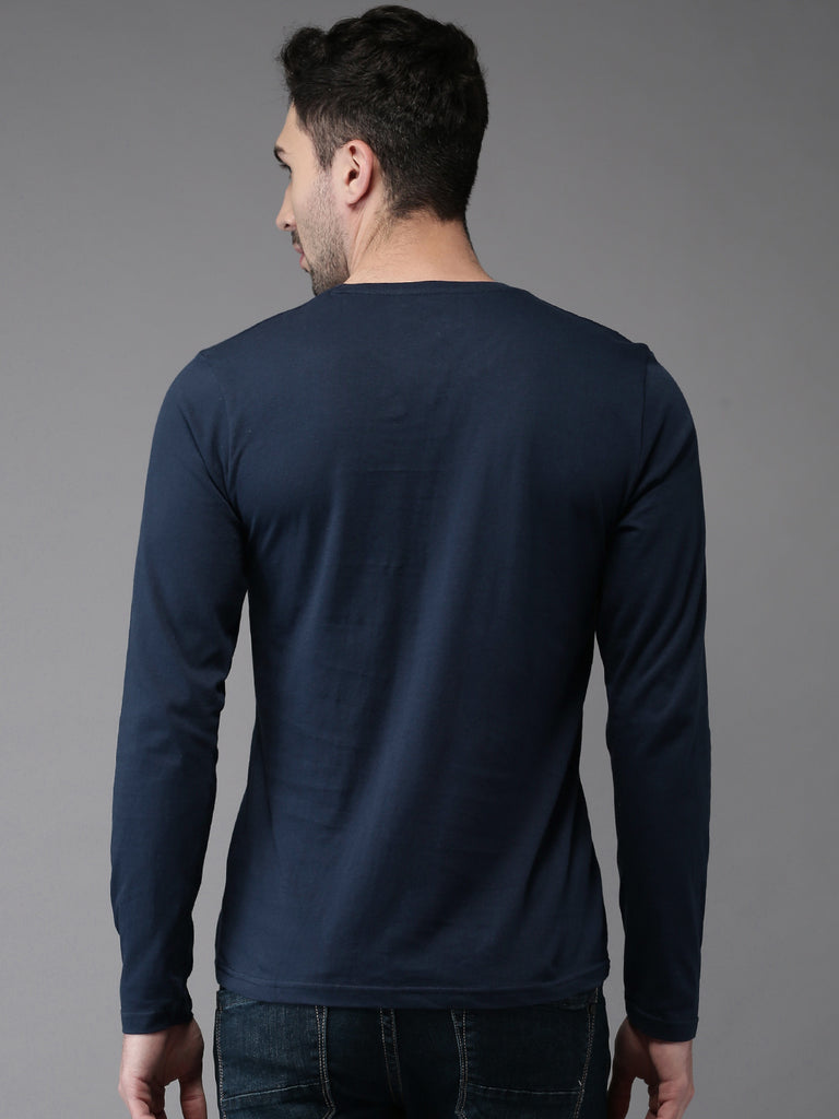 Navy Blue Round Neck Plain Full Sleeves Cotton T-shirt by LazyChunks