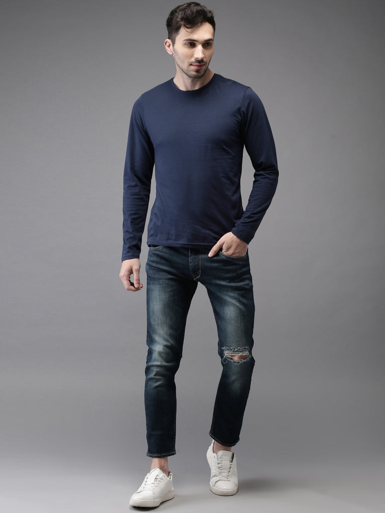 Navy Blue Round Neck Plain Full Sleeves Cotton T-shirt by LazyChunks
