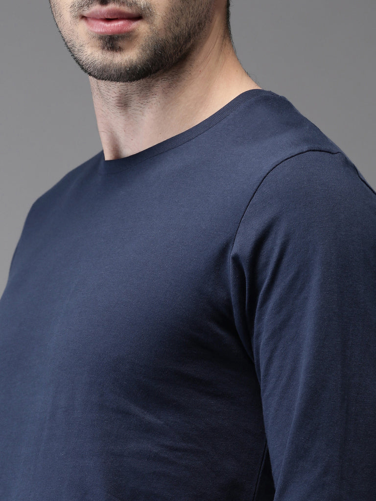 Navy Blue Round Neck Plain Full Sleeves Cotton T-shirt by LazyChunks
