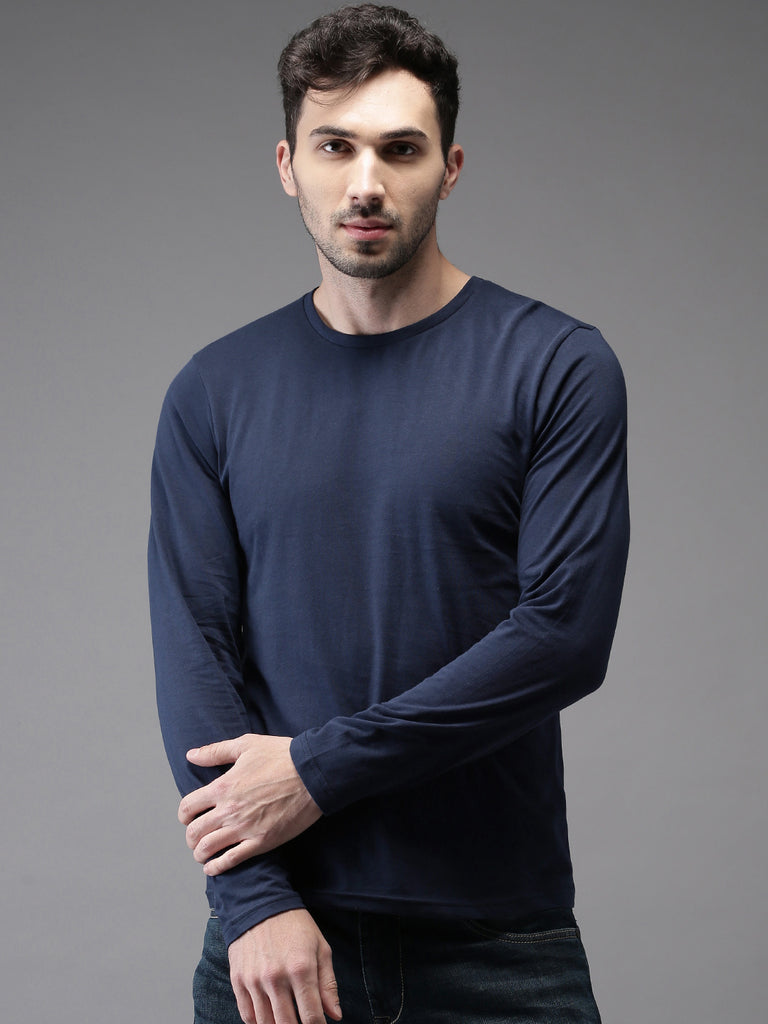 Navy Blue Round Neck Plain Full Sleeves Cotton T-shirt by LazyChunks