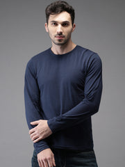 Navy Blue Round Neck Plain Full Sleeves Cotton T-shirt by LazyChunks