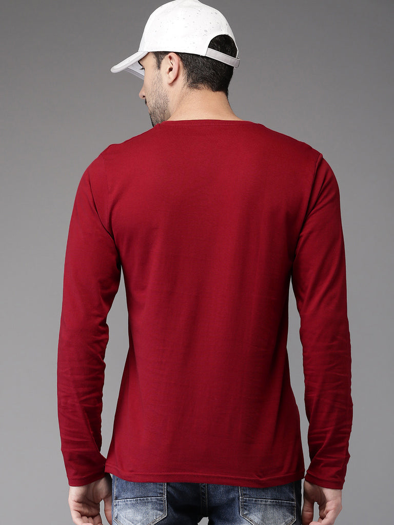 Printed 175 GSM Men Maroon Cotton Full Sleeve T Shirt, Round Neck