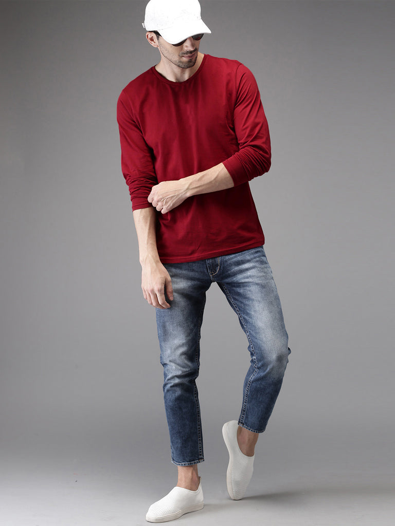 Maroon Plain Full Sleeves cotton t shirt by LazyChunks - Lazychunks.com