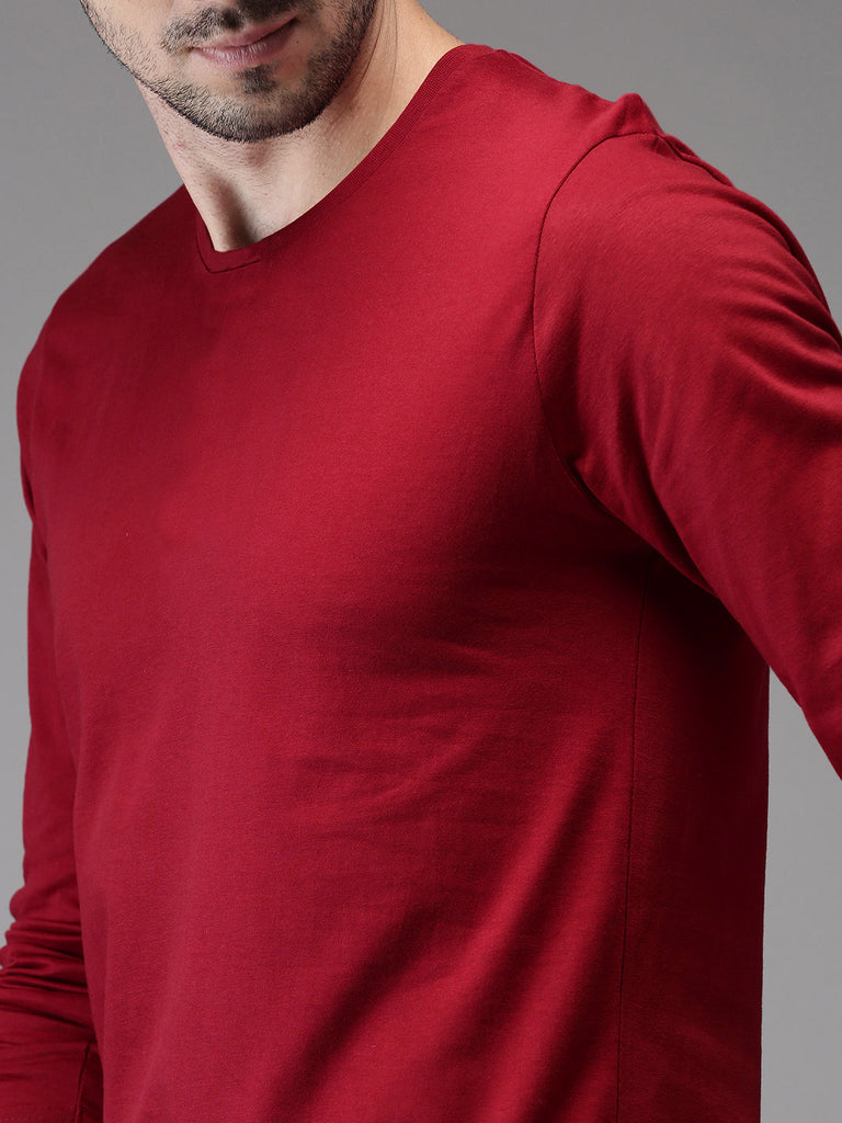 Printed 175 GSM Men Maroon Cotton Full Sleeve T Shirt, Round Neck