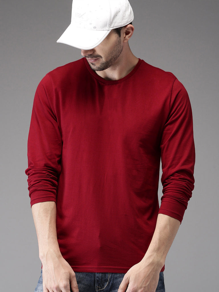 Maroon Plain Full Sleeves cotton t shirt by LazyChunks