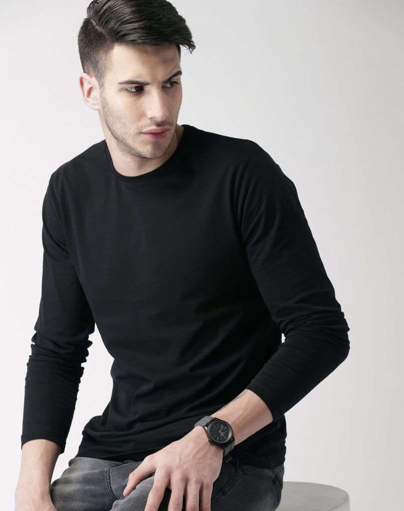 Black Plain Full Sleeves cotton t shirt by Lazychunks