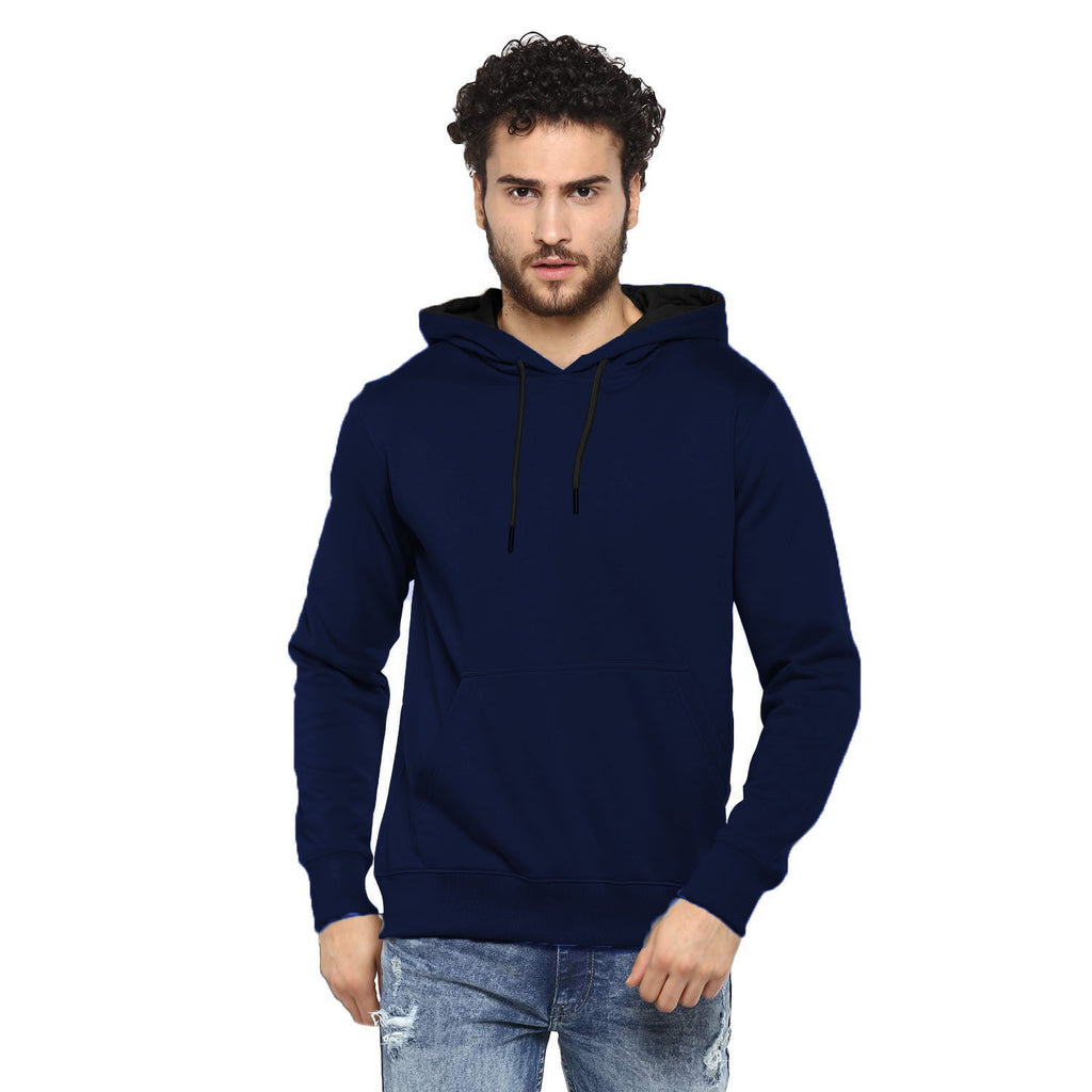 Hoodie Cotton Full Sleeve Navy Blue Kangaroo Hoodie Jacket for Men by LAZYCHUNKS