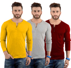 Cotton Full Sleeve Henley Neck Combo T-Shirt, (Pack of 3) T Shirt For Man by LAZYCHUNKS.