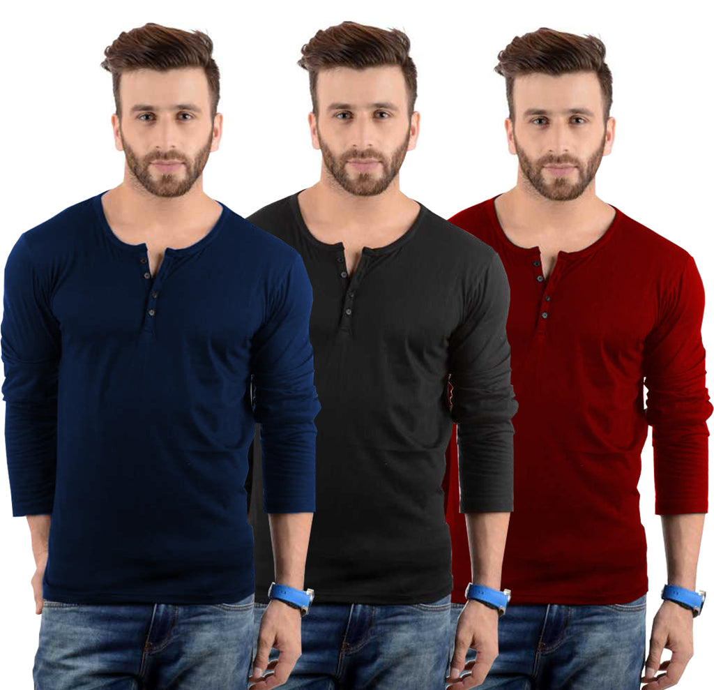 Cotton Full Sleeve Henley Neck Combo T-Shirt, (Pack of 3) T Shirt For Man by LAZYCHUNKS.