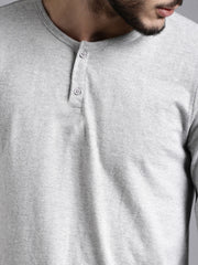 Melange Grey Henley Full sleeves cotton t shirt by LazyChunks