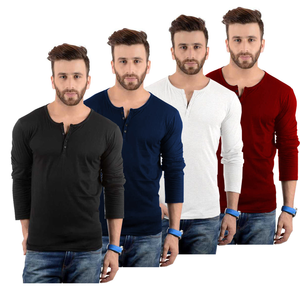 Cotton Full Sleeve Henley Neck Combo T-Shirt, (Pack of 4) T Shirt For Man by LAZYCHUNKS.