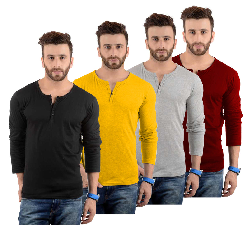 Cotton Full Sleeve Henley Neck Combo T-Shirt, (Pack of 4) T Shirt For Man by LAZYCHUNKS.