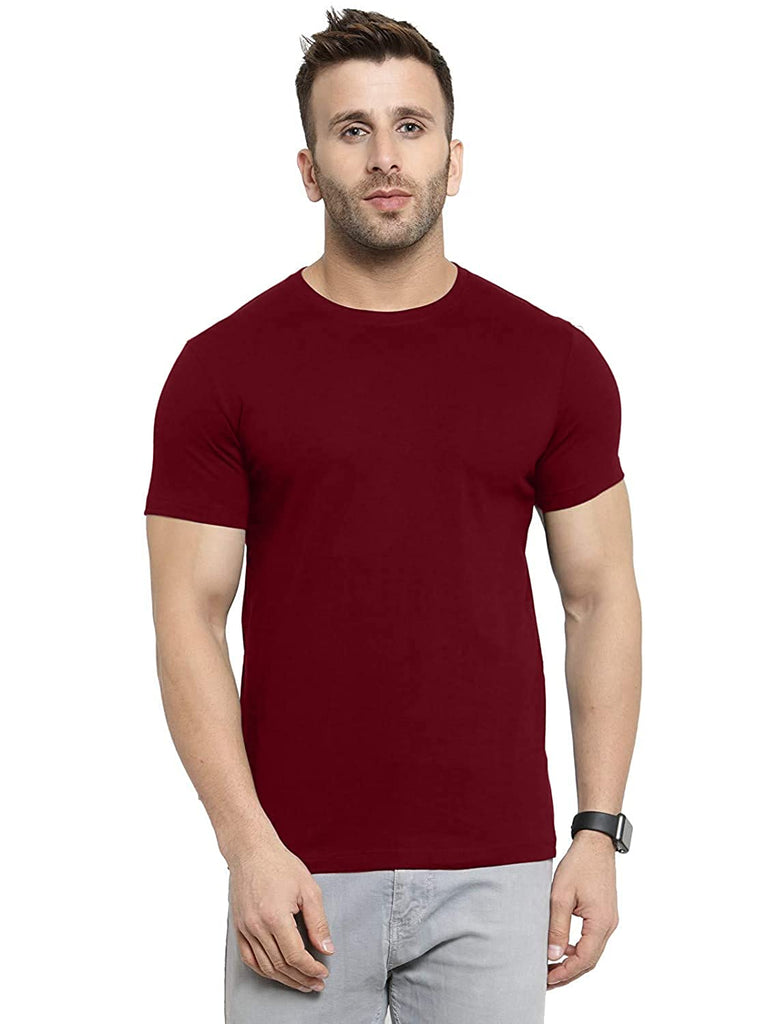 Solid Maroon Round Neck Half Cotton Tshirt By LazyChunks