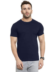 Solid Navy Blue Round Neck Half Sleeve Cotton T-Shirt By LazyChunks