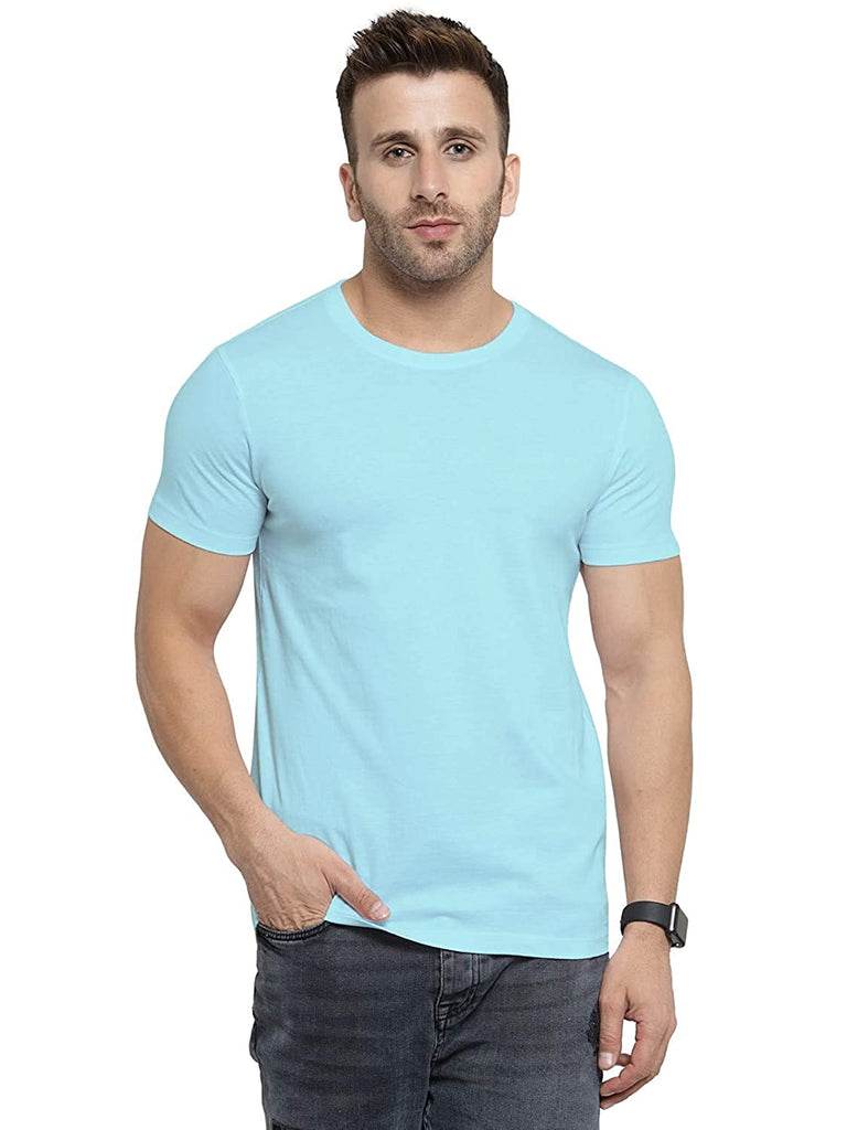 Stylish Solid Mist Blue Cotton Half Sleeve Round Neck Plain T-Shirt By LazyChunks