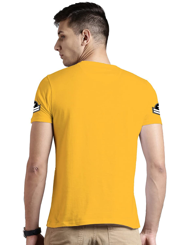 Yellow Round Neck Half Sleeves Cotton Trending Printed T Shirt For Men by LAZYCHUNKS