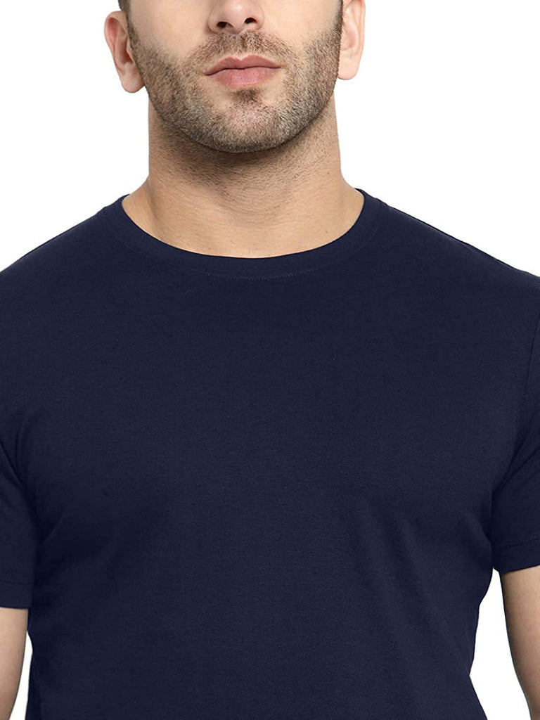 Solid Navy Blue Round Neck Half Sleeve Cotton T-Shirt By LazyChunks